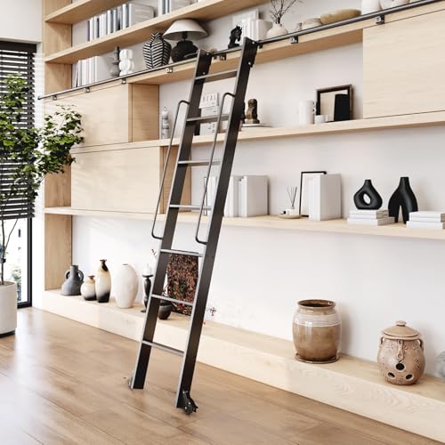 87" Telescopic Aluminum Rolling Step Ladder,with 4FT Hook Ladder Track Kit ﻿ - size: 87" Ladder+4ft Hook Kit