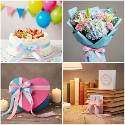 2 Rolls Pink and Blue Ribbon, Light Blue Ribbon, Pink Ribbons for Gift Wrapping Light Double Faced Satin Ribbons, Fabric for Flowers, DIY Crafts, Birthday Cakes, Holiday Decorations