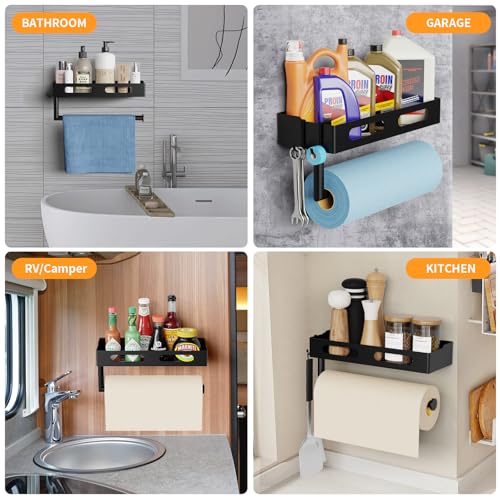 Paper Towel Holder Wall Mount for Kitchen, Paper Towel Holder with Shelf for Bathroom, RV Paper Towel Rack, Spice Rack with 2 Hooks,Matte Black - color: Matte Black