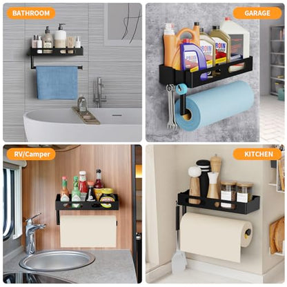 Paper Towel Holder Wall Mount for Kitchen, Paper Towel Holder with Shelf for Bathroom, RV Paper Towel Rack, Spice Rack with 2 Hooks,Matte Black - color: Matte Black