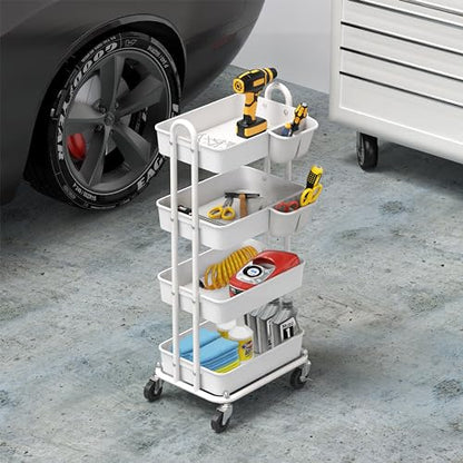 Simple Houseware 4-Tier Rolling Utility Cart with Hanging Bucket, White - color: White, size: 4-Tier