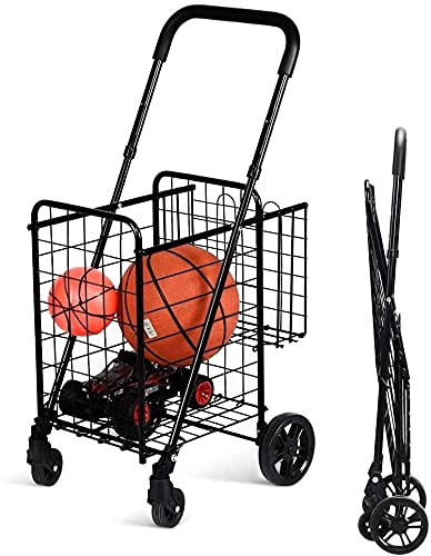 Happygrill Foldable Shopping Cart, Grocery Cart on Wheels with Double Basket, Swivel Wheels and Adjustable Handle, Utility Cart or Grocery Laundry Luggage Travel