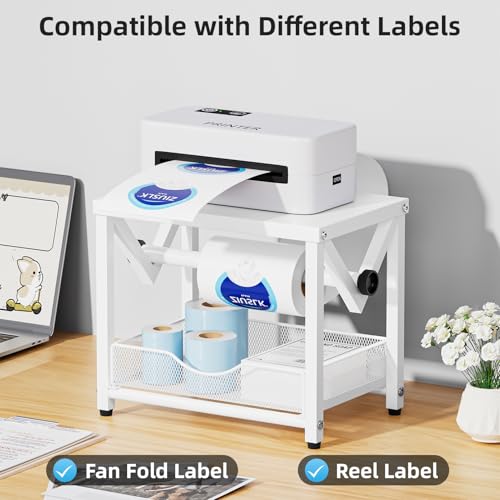Marbrasse Label Holder for Rolls and Fanfold Labels, Metal Thermal Label Printer Holder with Drawer, Shipping Label Stand, Sticker Roll Holder for Home, Office, Small Business,White - color: White