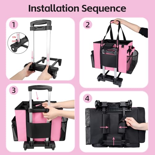 Large Rolling Cleaning Caddy Bag with Wheels, with Detachable Trolley, Cleaning Bags on Wheels for Housekeepers, Cleaning Cart Supplies Organizer for Home, Car, Picnic (Pink) - color: Pink