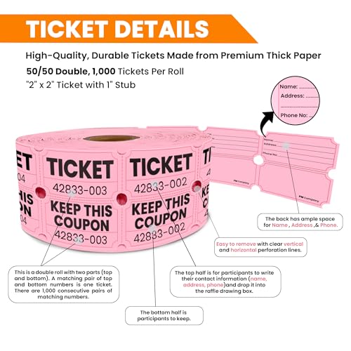 PM Company 2000 Pcs (1000 Pairs) Raffle Tickets Double Roll, 50/50 Pink - color: Pink