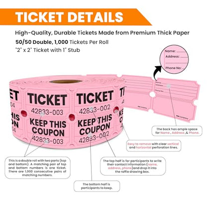 PM Company 2000 Pcs (1000 Pairs) Raffle Tickets Double Roll, 50/50 Pink - color: Pink
