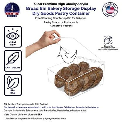 Marketing Holders Acrylic 10”W Bread Pastry Bin Top Opening Dry Food Baked Goods Candy Display Clear Plexiglass Hinged Lid for Easy Access