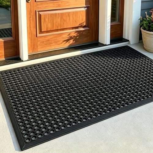 58" X 35" Rubber Mat with Drainage Black Anti-Slip Outdoor Door Mat