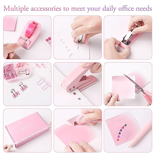 Pink Desk Accessory Kit Cute Office Supplies Set Desktop Stapler Set Includes Staple Remover Hole Punch Tape Dispenser Ballpoint Pen Scissor Mini Box Cutter Tape Measure Paper Clips Sticky Notes - color: Pink