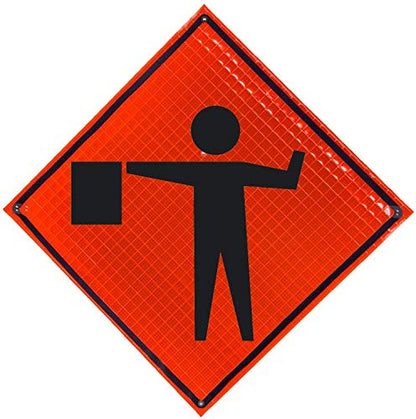 48" Reflective Fluorescent Orange Roll-Up Warning Sign. (FLAGGER SYMBOL) - color: FLAGGER SYMBOL