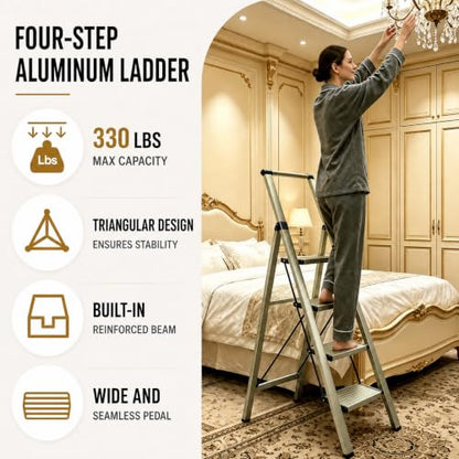 HISMOCAL 4 Step Ladder with Handrail, Lightweight Aluminum Step Stool, Gold - color: Golden, size: 4 Step-Handle