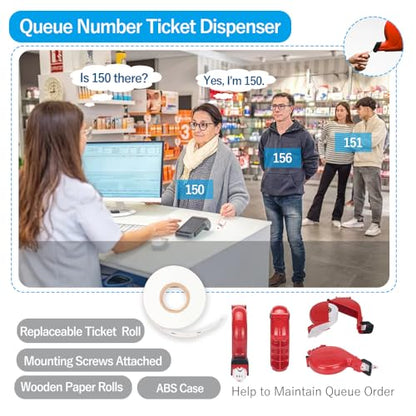 Take-A-Number Dispenser (Red) with Number Ticket Roll (3-Digit) — Queue Ticket Machine for Pickup/Order/Deli Counter, Bakery, DMV , Post Office, Pharmacy & Clinic