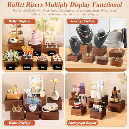 Qinzave 7 Pack Wooden Risers Display Stands with Acrylic Maker Pen and Mini Sign, Food Risers for Buffet Table Shelf Display Stand for Party Catering Dessert Cupcake Jewelry - color: 8.8" 8" 7" 6.5" 6" 5" 5"