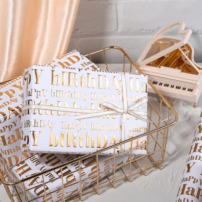 WRAPAHOLIC 30 Inch 3D Kraft Birthday Wrapping Paper Roll - 30 Inch x 16.5 Feet - Gold and White Happy Birthday Wrapping Paper with Embossed Perfect for Holiday, Party Celebration - color: White & Gold Happy Birthday, size: 30 inch x 16.5 feet