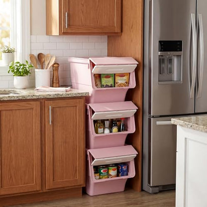 GIANTEX 3 Pack Plastic Stackable Storage Bins with Lids & Wheels, 35 QT - color: White + Pink, size: 3 Pack, 35 QT