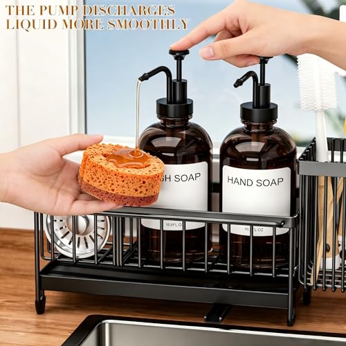 Kitchen Soap Dispenser Set with Sponge Holder and Towel Rack, 17OZ Glass Bottle, Hand and Dish Soap Dispenser Set, Non-Slip Silicone Pad, Brush Holder, Kitchen Sink Caddy Organizer Countertop (Amber) - color: Amber