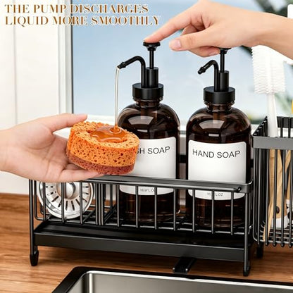 Kitchen Soap Dispenser Set with Sponge Holder and Towel Rack, 17OZ Glass Bottle, Hand and Dish Soap Dispenser Set, Non-Slip Silicone Pad, Brush Holder, Kitchen Sink Caddy Organizer Countertop (Amber) - color: Amber