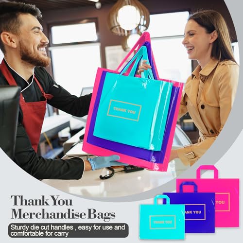 Teling 200 Pcs Thank You Bags with Handle for Business, Pink, Purple, Blue - color: Pink, Purple, Blue
