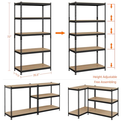 Topeakmart 5 Tier Metal Storage Shelving Unit, 35.5x17.5x72 Inch Black - color: Black, size: 35.5 x 17.5 x 72 Inch