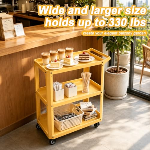 3 Tier Metal Utility Rolling Cart with Wheels, Yellow - color: Yellow