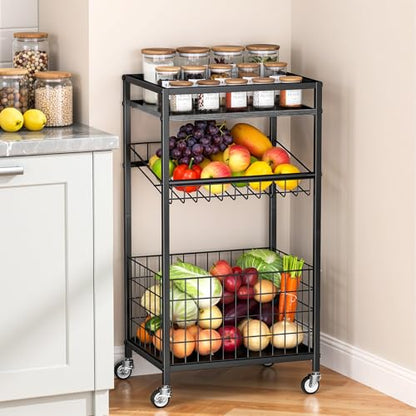 Fruit Vegetable Cart, 3-Tier Snack Cart on Wheels & Wood Top, Black - color: Black, size: 3 Tier(12 in)