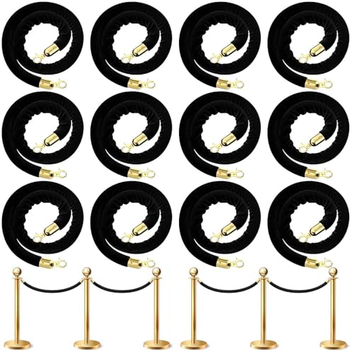 Velvet Stanchion Rope 5.25 Ft Crowd Control Barriers Safety Velvet Rope with Gold Hooks for Graduation Party, Movie Theaters Openings Hotels Carpet, Not Include Stanchion Pos(Size:12 Pack,Color:Black)