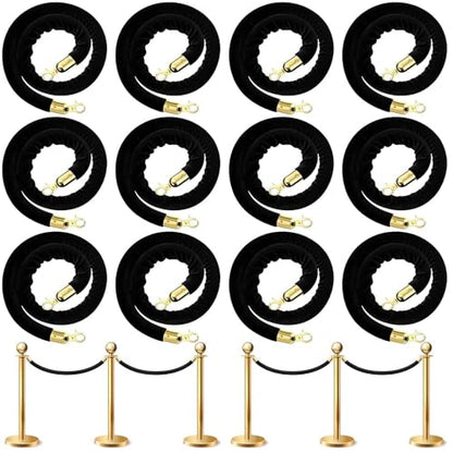 Velvet Stanchion Rope 5.25 Ft Crowd Control Barriers Safety Velvet Rope with Gold Hooks for Graduation Party, Movie Theaters Openings Hotels Carpet, Not Include Stanchion Pos(Size:12 Pack,Color:Black)