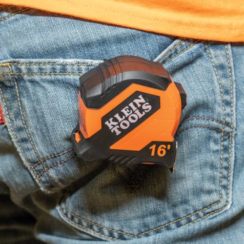 Klein Tools 9516 Tape Measure, 16-Foot Compact Double-Hook Imperial Measuring Tape with Finger Brake, Nylon Blade, Easy to Read Bold Lines - color: 16-Foot