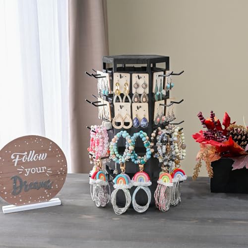 Ikee Design Wood Rotating Jewelry Display Tower for Keychains & Earrings - color: 6 side, Black, 60 hooks