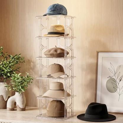6 Tier Hat Organizer Box (Up to 18 Hats), Stackable Clear Hat Rack Display