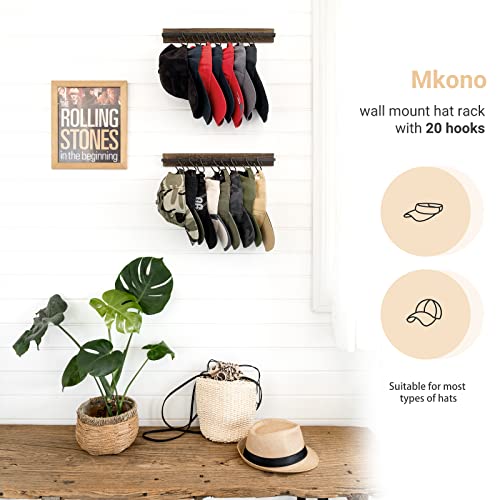Mkono Hat Rack for Wall Wooden Baseball Caps Organizer with 20 Hooks Rustic Cowboy Hanger Mounted Hats Display Closet Bedroom Entryway, Set of 2, Brown - color: Brown