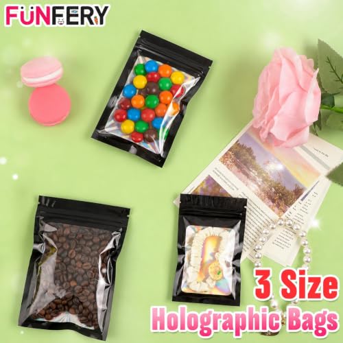 Funfery 300 Pack 3 Size Mylar Holographic Bags with Clear Window,Black - color: Black, size: 2.4x3.9+3x4.7+3.1x5.1 Inch