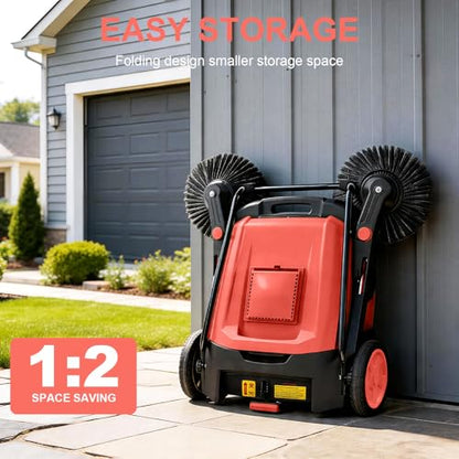 43" Walk-Behind Hand Push Floor Sweeper, 15 Gallon Waste Container, 46000 Sq Ft/H Efficiency, Angle & Height Adjustable Folding Handle for Yard, Garage, Patio & Walkway Cleaning (Red) - color: Red