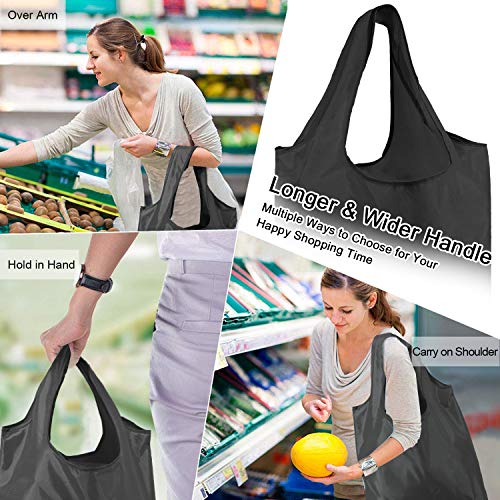 BeeGreen 10 Pack Black Reusable Grocery Bags with Storage Pouch Reusable Shopping Bags Bulk with Elastic Band 50LBS X-Large-Foldable-Washable-Heavy Duty-Waterproof Grocery Tote Bags - color: Solid Black
