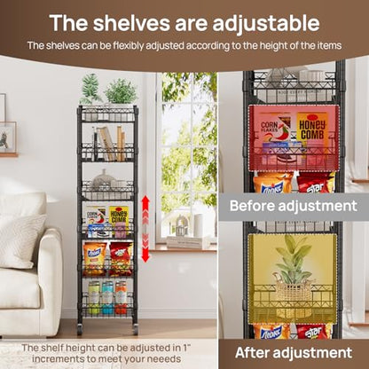 Golpart Basket Shelves Closet Rack with Wheels Metal Pantry Wire Shelf Unit - color: Black, size: 6-tier-[13.6"Dx13.6"Wx63"H]