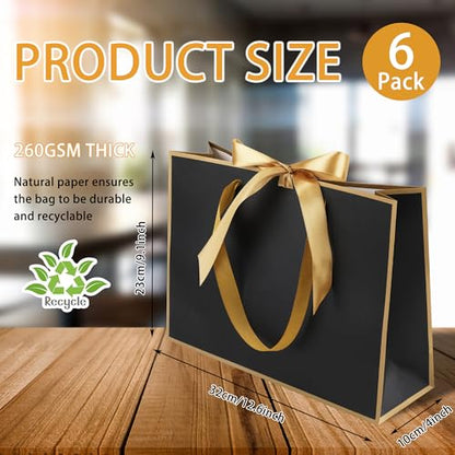 STOBOCTER 6 Pcs Elegant Paper Gift Bags with Handles 12.6''x4''x9.1'' Thank You 5 Senses Gift Bags with Bow Ribbon for Father's Day Wedding Bridesmaid Groomsmen Graduation Birthday Party(Black, Gold) - color: Black, Gold, size: 1 Count (Pack of 6)