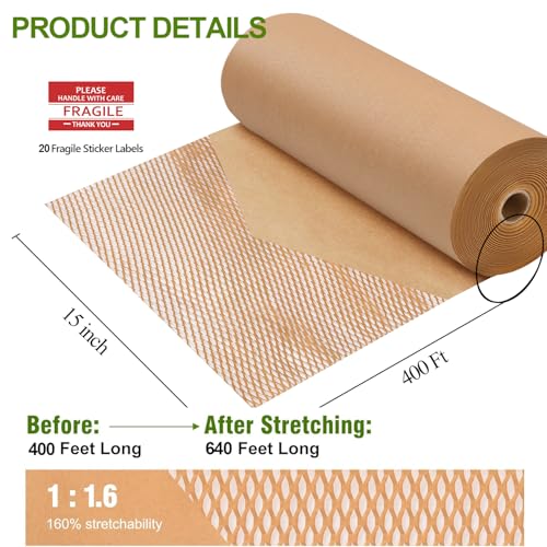 Honeycomb Packing Paper, 15" x 400 ft, Bubble Wrap Alternative - color: Brown, size: 15 Inch x 400Feet