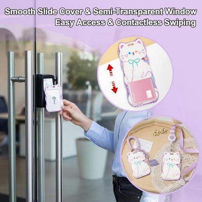 AZY 2PCS Cat Ear Photocard Holder Set -Slide Cover ID Badge Holder with Lanyard & Wrist Coil, Protective Card Case for Students, Work, Travel & Daily Use (Purple) - color: Purple