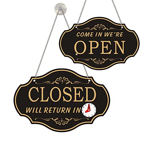 Open Signs For Business, Plastic Open Sign, Double Sides with “Will Return” Clock, with Hanging Chain, Refer toStore Office Bars Retail Shop, 11.6" x 7.7" - color: Gold