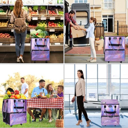 Reusable Grocery Bag On Wheels, 70L Foldable Rolling Tote with 6 Pockets - color: Gradient Purple, size: Medium