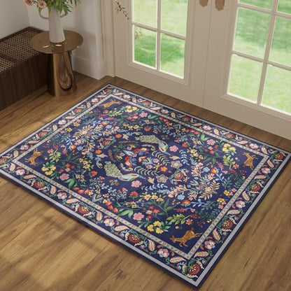 Rugcomf Round Area Rug 4ft Floral Washable Non Slip, Blue - color: Blue, size: 4' (Round)