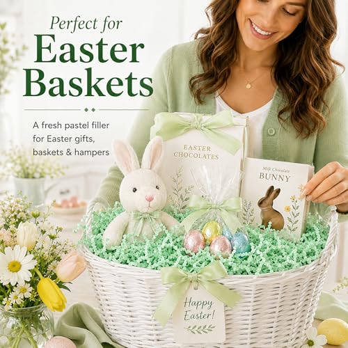 STRBOXONG Light Green Crinkle Paper Filler 1 LB, Recyclable Crinkle Cut Paper Shred for Easter Baskets, Spring Gifts, Floral Gift Boxes, Baby Shower Favors, Natural Style and Craft Packaging - color: Light Green