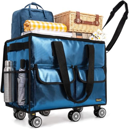BALEINE Reusable Grocery Bag on Wheels, Foldable Rolling Tote Bag - color: Navy- Wide, size: Medium