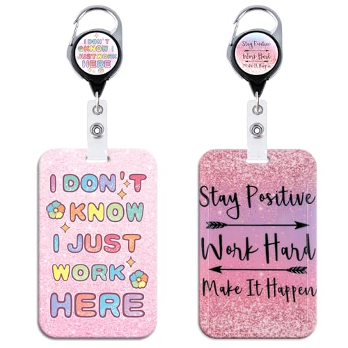 Cute ID Badge Holder with Pink Retractable Badge Reel Clip Vertical ID Name Key Card Holder for Women Nurse Teacher Preppy School Student - color: 2 Quote