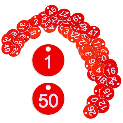 Plastic ID Number Tags, 1-50 Number Colorful Marking Identification Tag, Numbered Tags Round Hole Hang Tags, Number Tags Keychain Number Label Round Number Key Ring(Red)