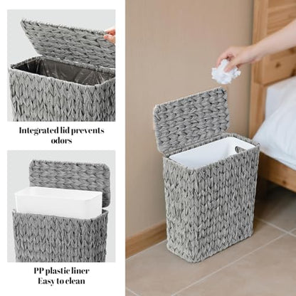 Coeusy Wicker Trash Can with Lid & Liner, Small Bathroom Waste Basket, Grey - color: grey