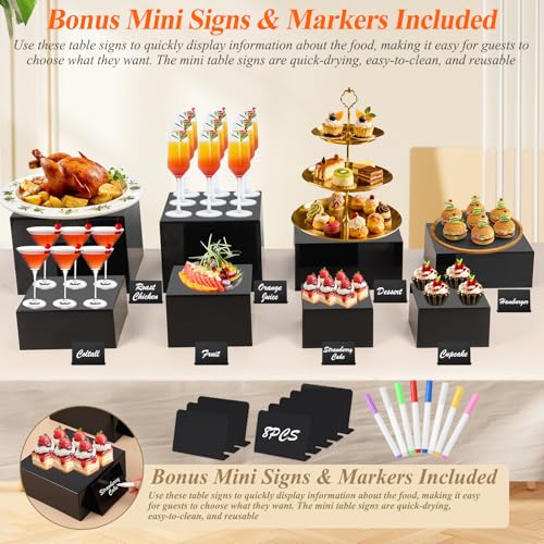 8Pcs Black Acrylic Buffet Risers with Mini Sign and Marker, Food Display Risers for Party Catering Dessert Jewelry, Acrylic Cube Nesting Boxes with Hollow Bottoms(9" 8.5" 8" 7.5" 6.8" 6" 5" 5") - color: 9" 8.5" 8" 7.5" 6.8" 6" 5" 5
