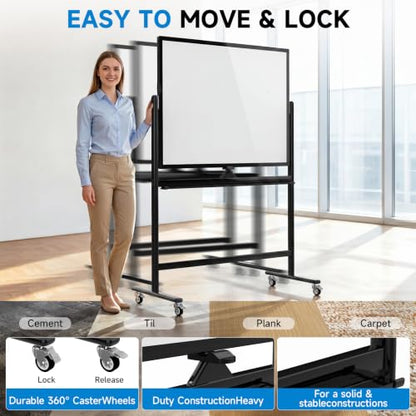 Mobile Rolling Whiteboard on Wheels 48" x 36" Double-Sided Magnetic - color: Black, size: 48X36