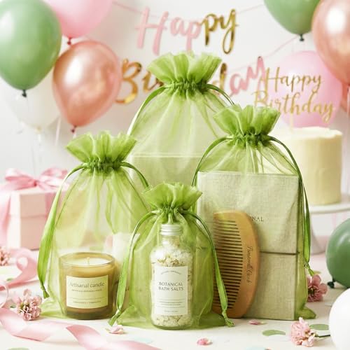 FUNFERY 100Pcs Green Organza Bags 5x7 in,Small Mesh Drawstring Gift Bag - color: Classic Green