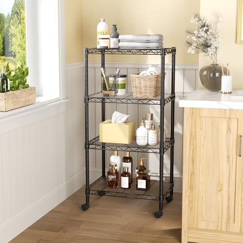 SINGAYE 4 Shelves Storage Shelf Wire Shelving Unit Metal Adjustable Wheels - color: Black, size: 4Tier/11.5"D X 17.5"W X 45"H